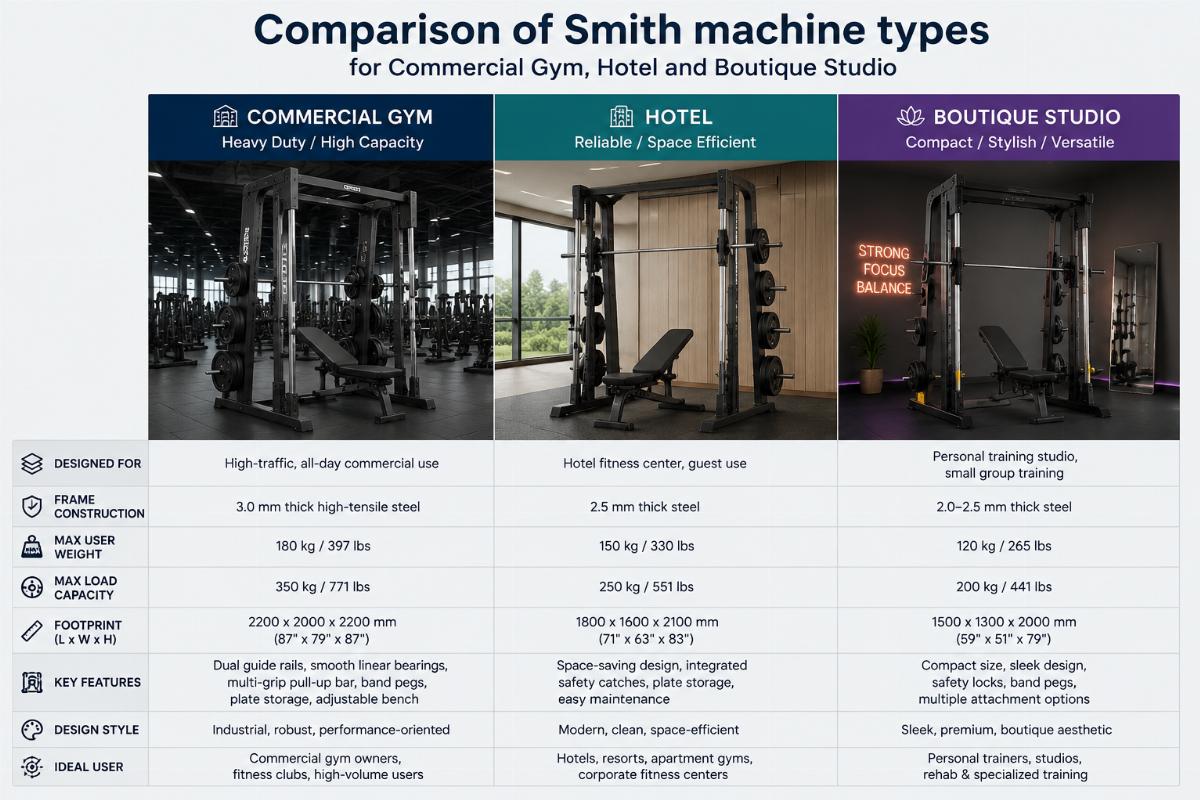 Comparison of Smith machine types for commercial gym hotel and boutique studio
