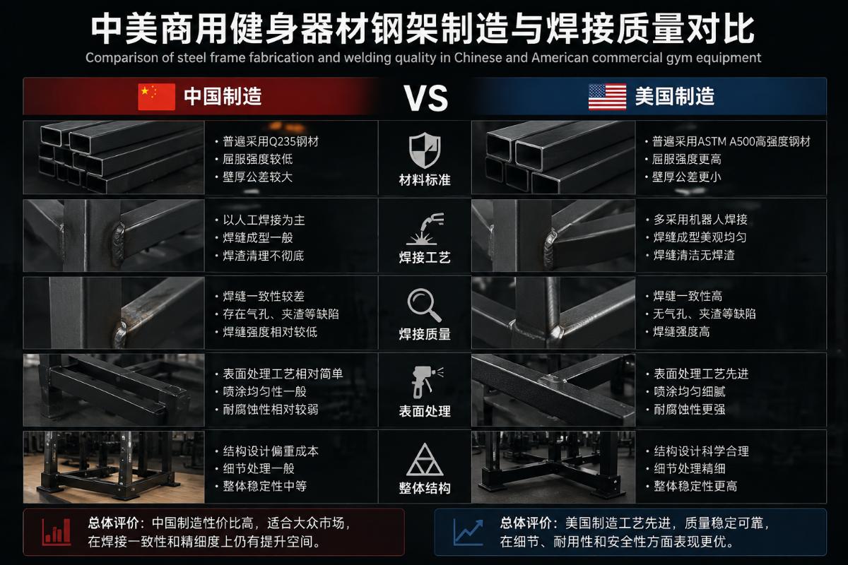 Comparison of steel frame fabrication and welding quality in Chinese and American commercial gym equipment