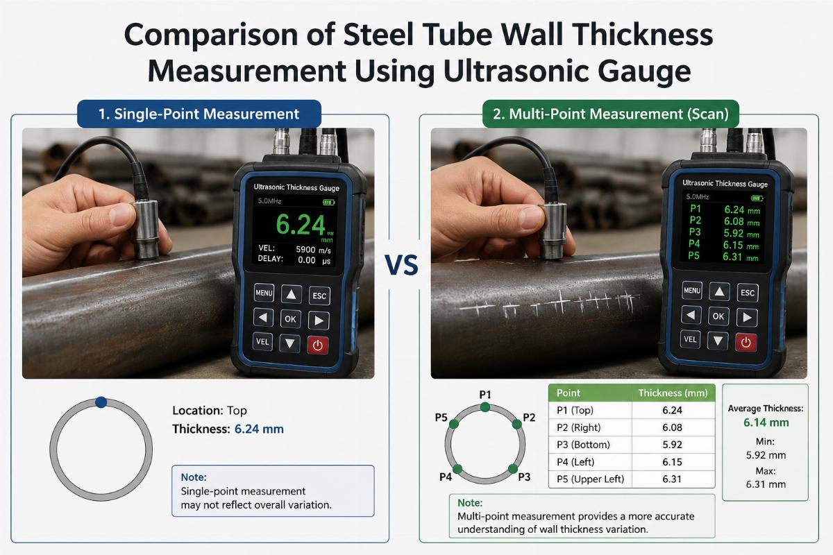 Comparison of steel tube wall thickness measurement using ultrasonic gauge