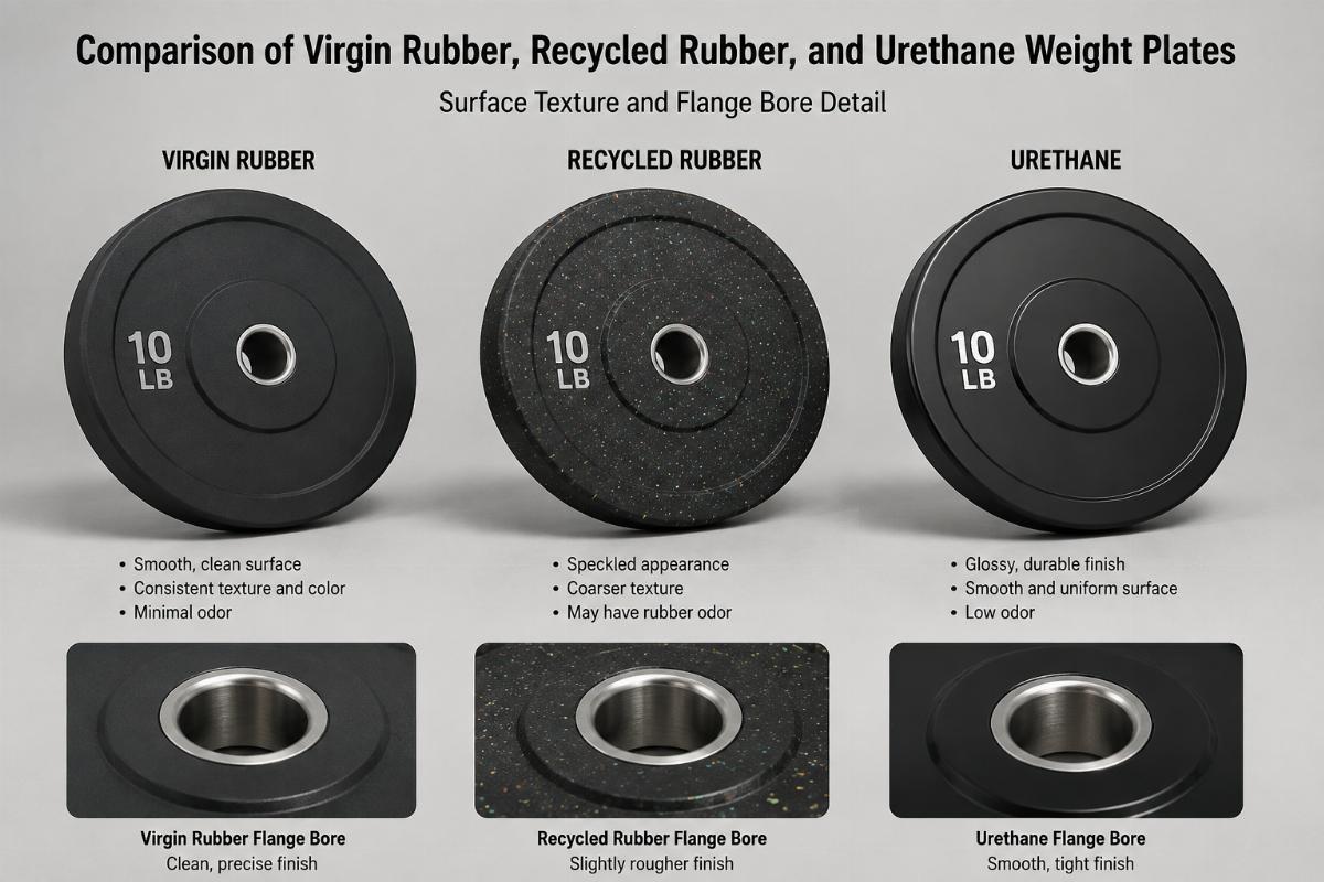 Comparison of virgin rubber, recycled rubber, and urethane weight plates showing surface texture and flange bore detail