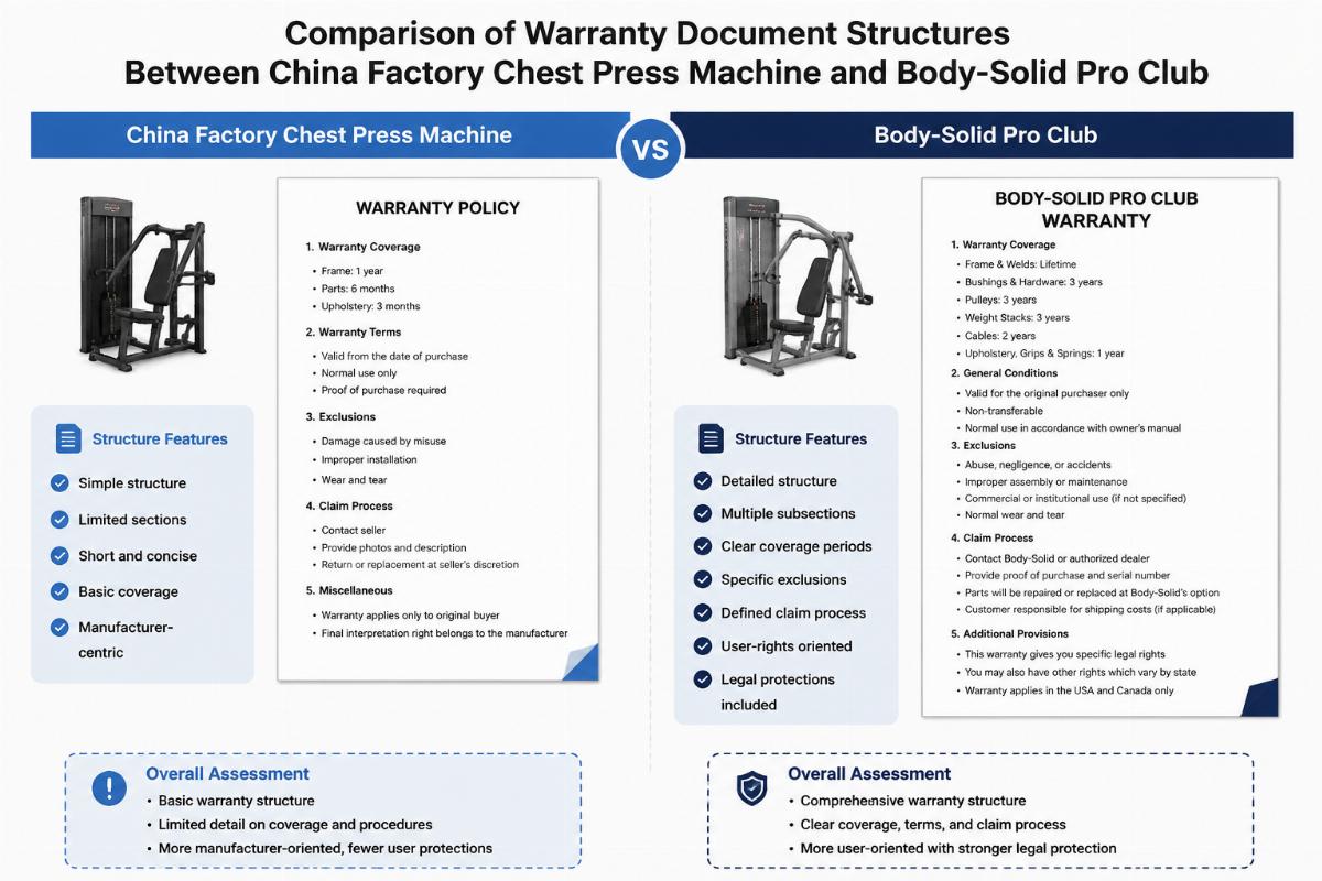 Comparison of warranty document structures between China factory chest press machine and Body-Solid Pro Club