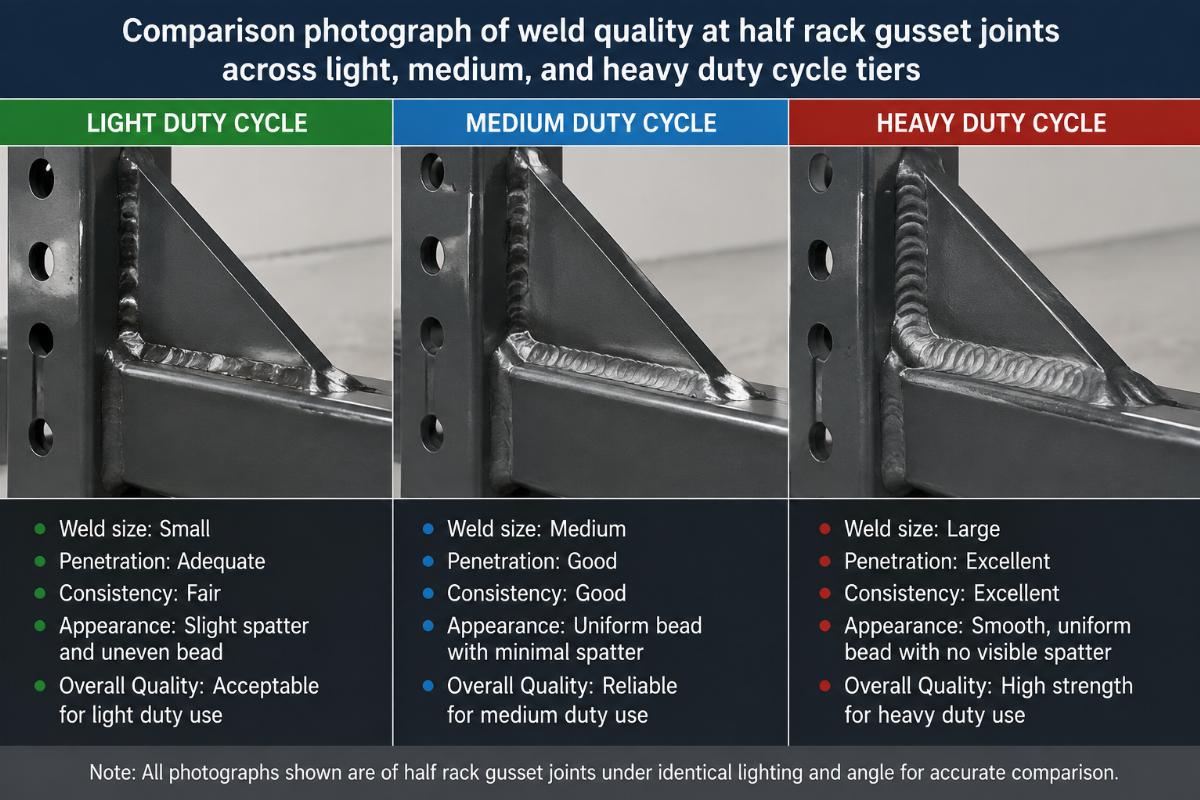 Comparison photograph of weld quality at half rack gusset joints across light, medium, and heavy duty cycle tiers