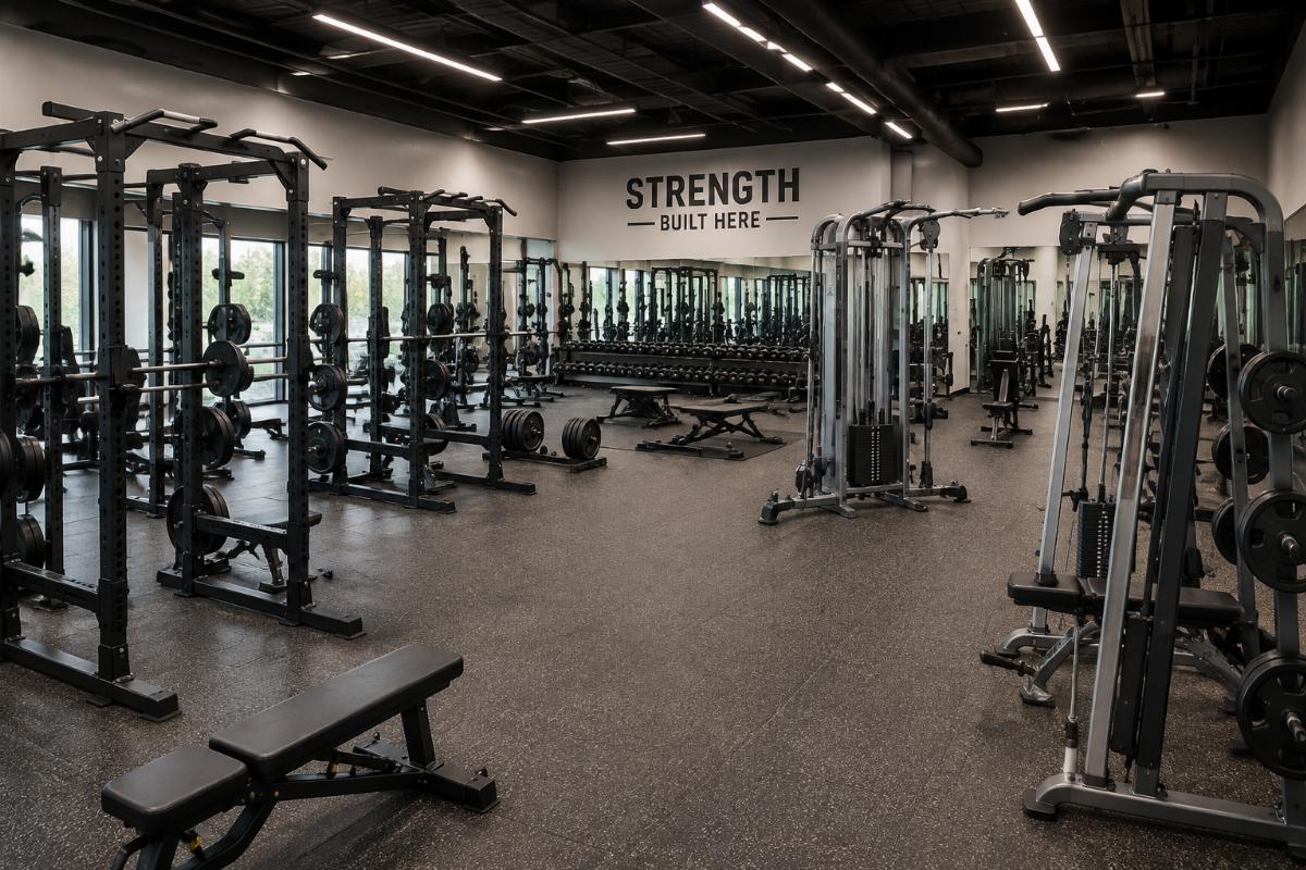 Complete commercial gym layout with power racks, Smith machines, cable crossovers, and free weight area