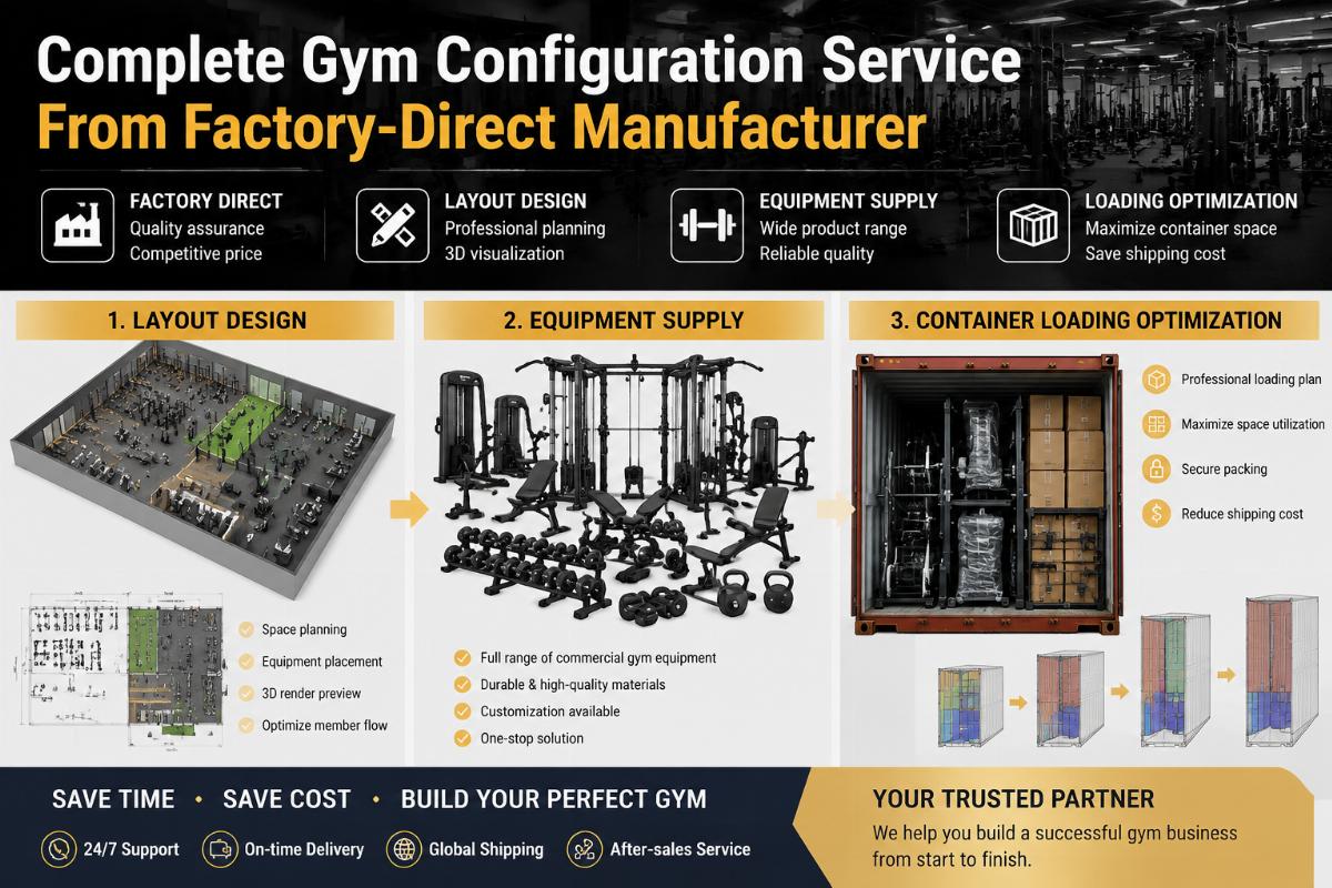 Complete gym configuration service from factory-direct manufacturer including layout design and container loading optimization