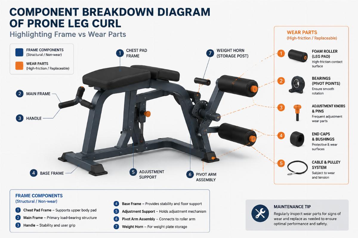 Component breakdown diagram of a prone leg curl highlighting frame versus wear parts