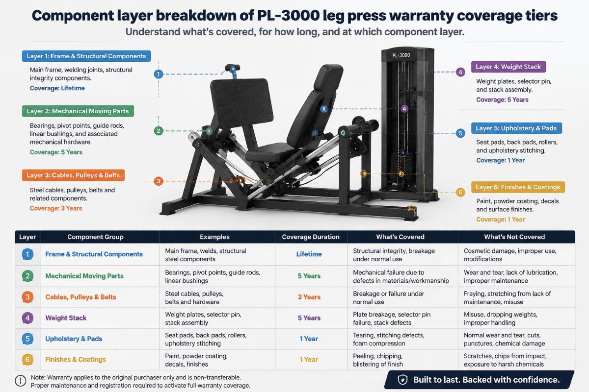 Component layer breakdown of PL-3000 leg press warranty coverage tiers