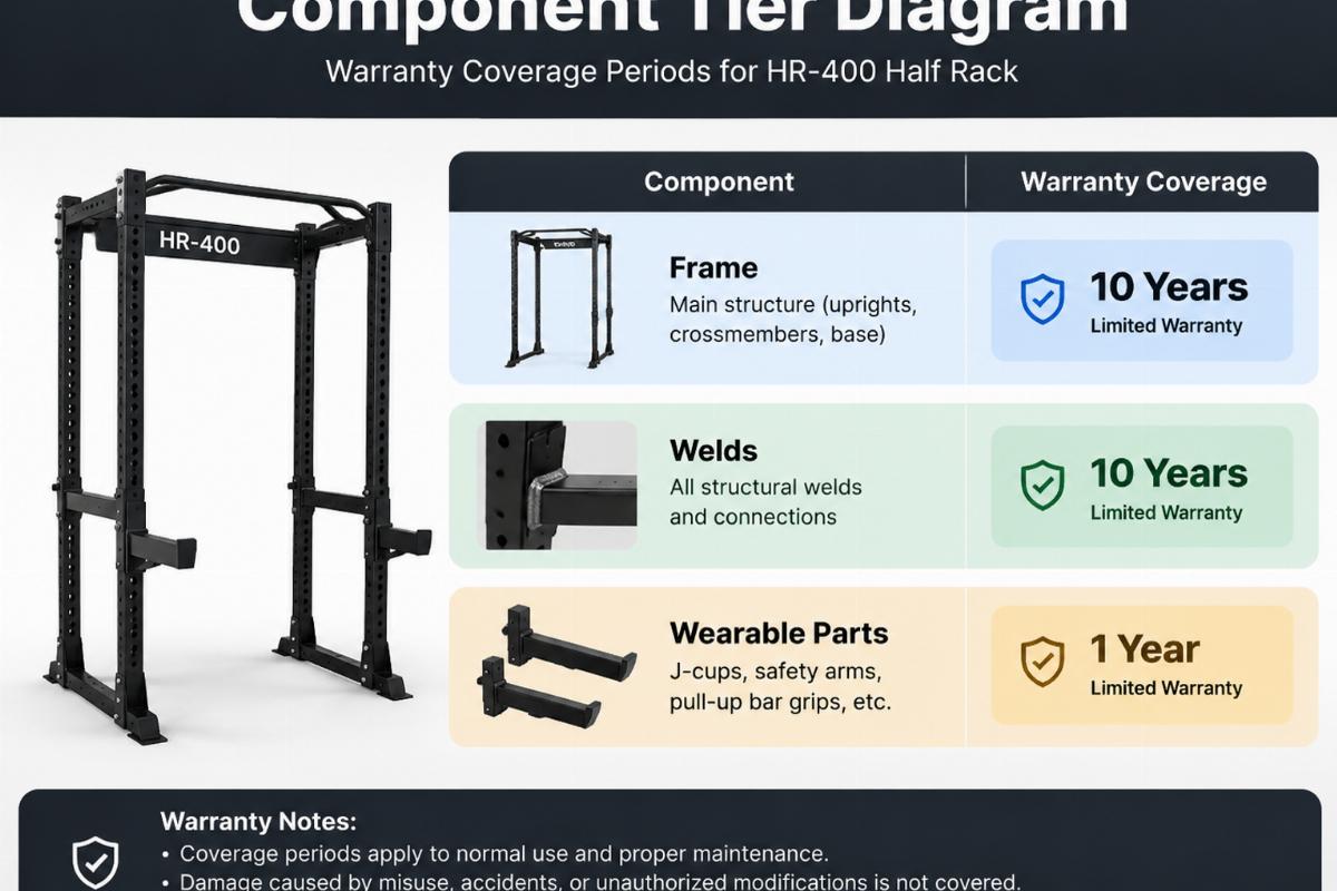 Component tier diagram showing warranty coverage periods for HR-400 Half Rack frame, welds, and wearable parts