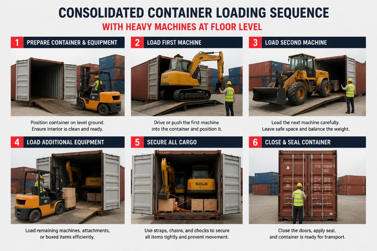 Consolidated container loading sequence with heavy machines at floor level