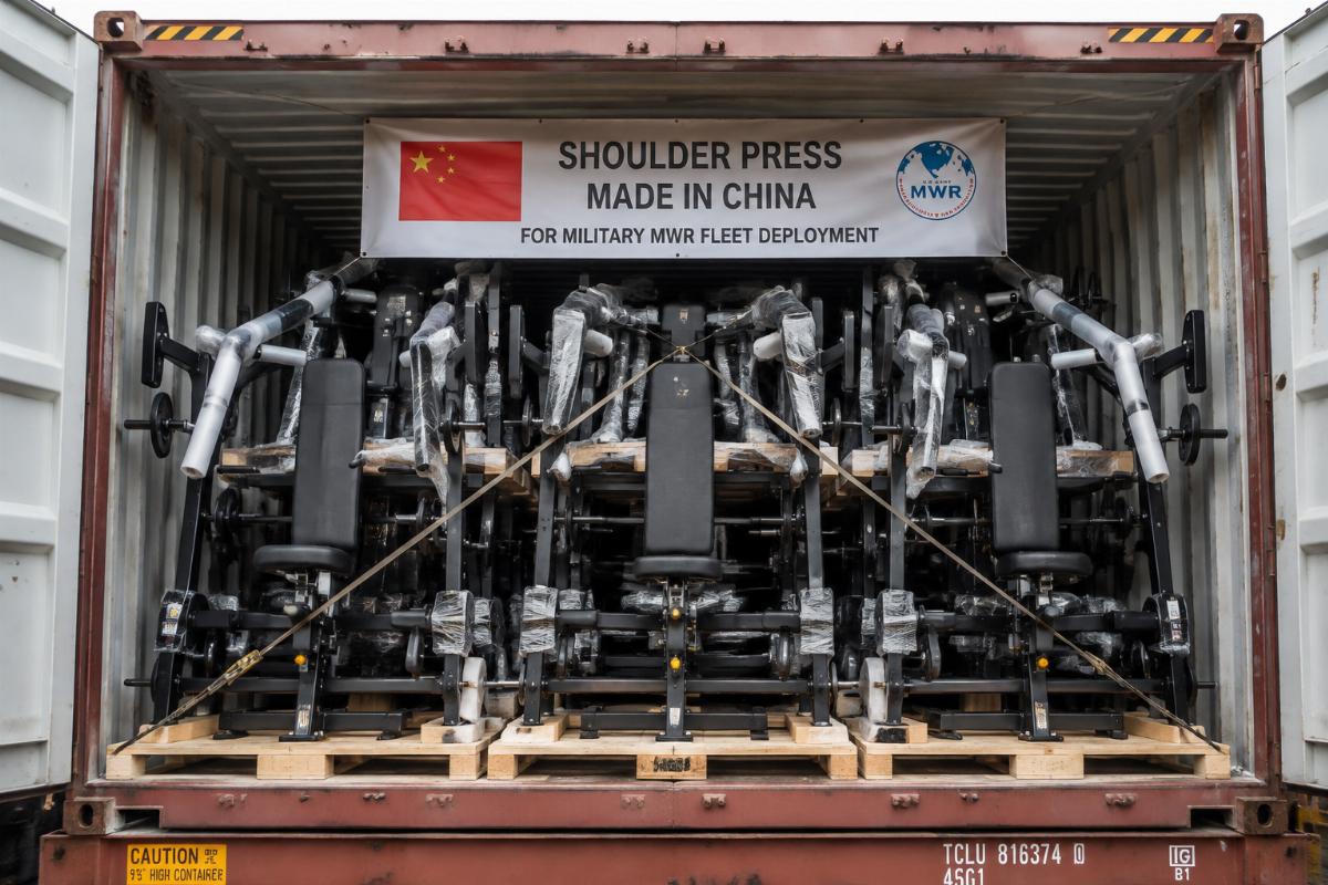 Container load of China-made shoulder press machines prepared for military MWR fleet deployment