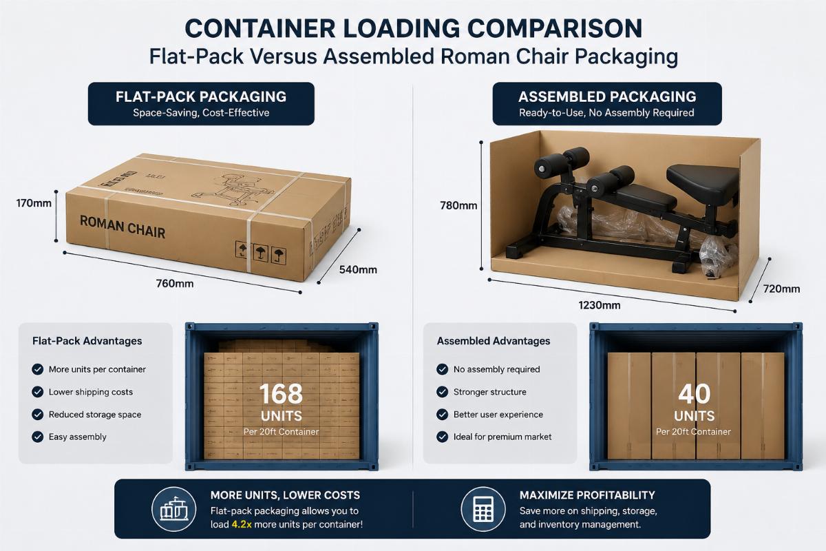 Container loading comparison showing flat-pack versus assembled Roman chair packaging