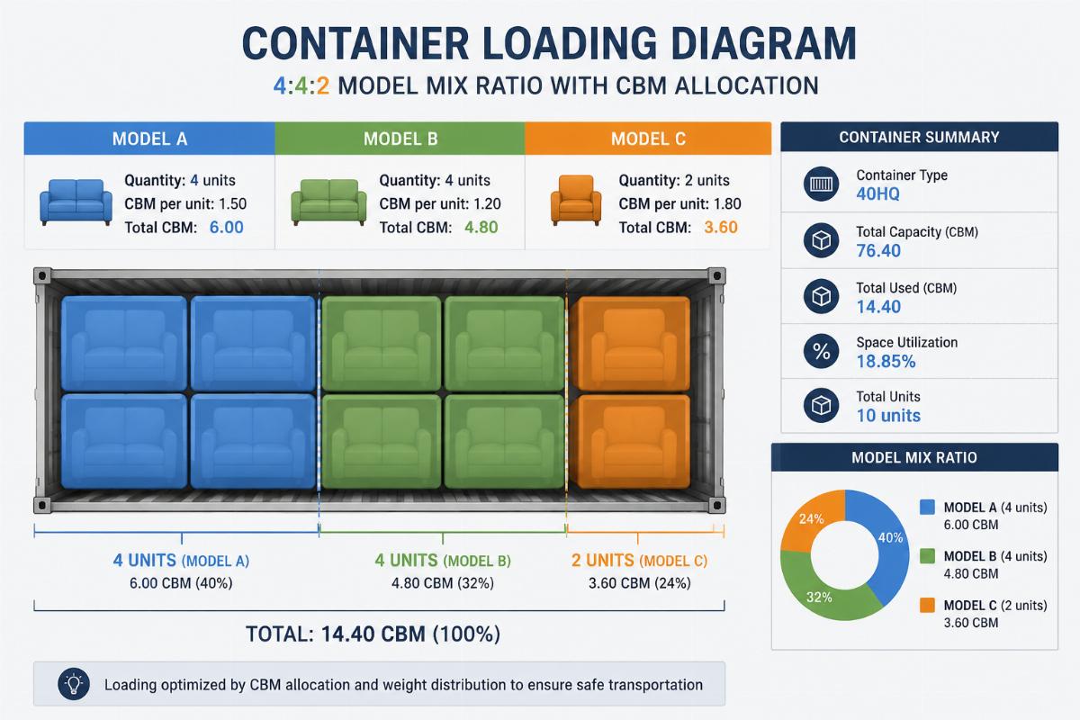 Container loading diagram showing 4:4:2 model mix ratio with CBM allocation