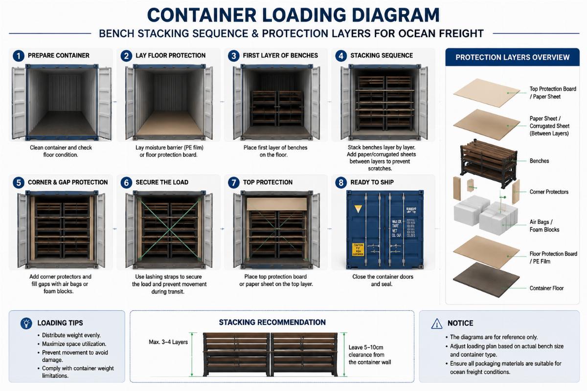 Container loading diagram showing bench stacking sequence and protection layers for ocean freight