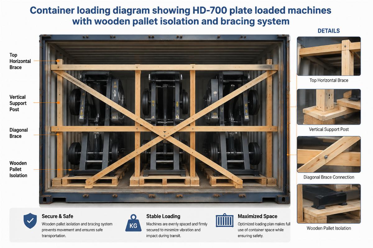 Container loading diagram showing HD-700 plate loaded machines with wooden pallet isolation and bracing system