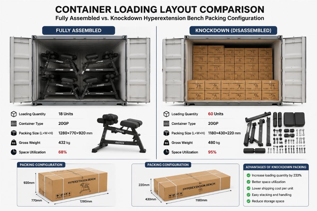 Container loading layout comparison showing fully assembled versus knockdown hyperextension bench packing configuration