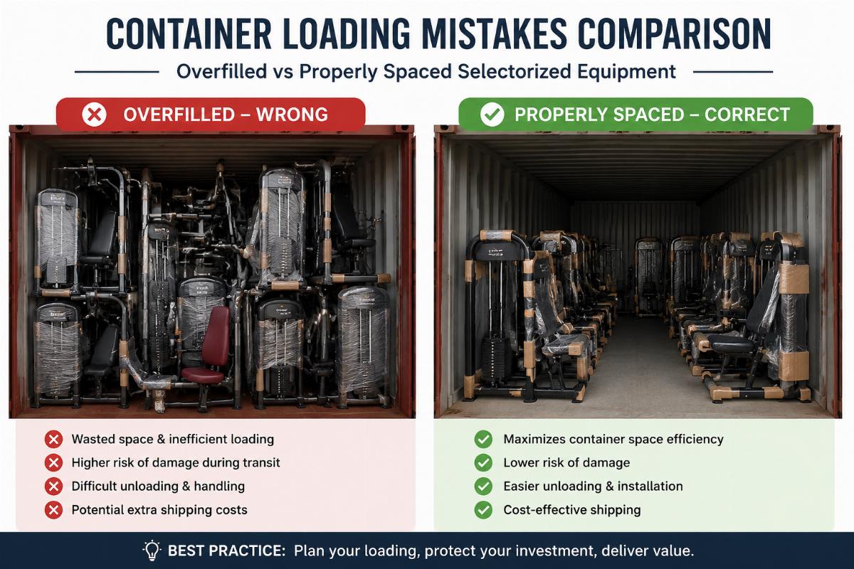 Container loading mistakes comparison showing overfilled vs properly spaced selectorized equipment