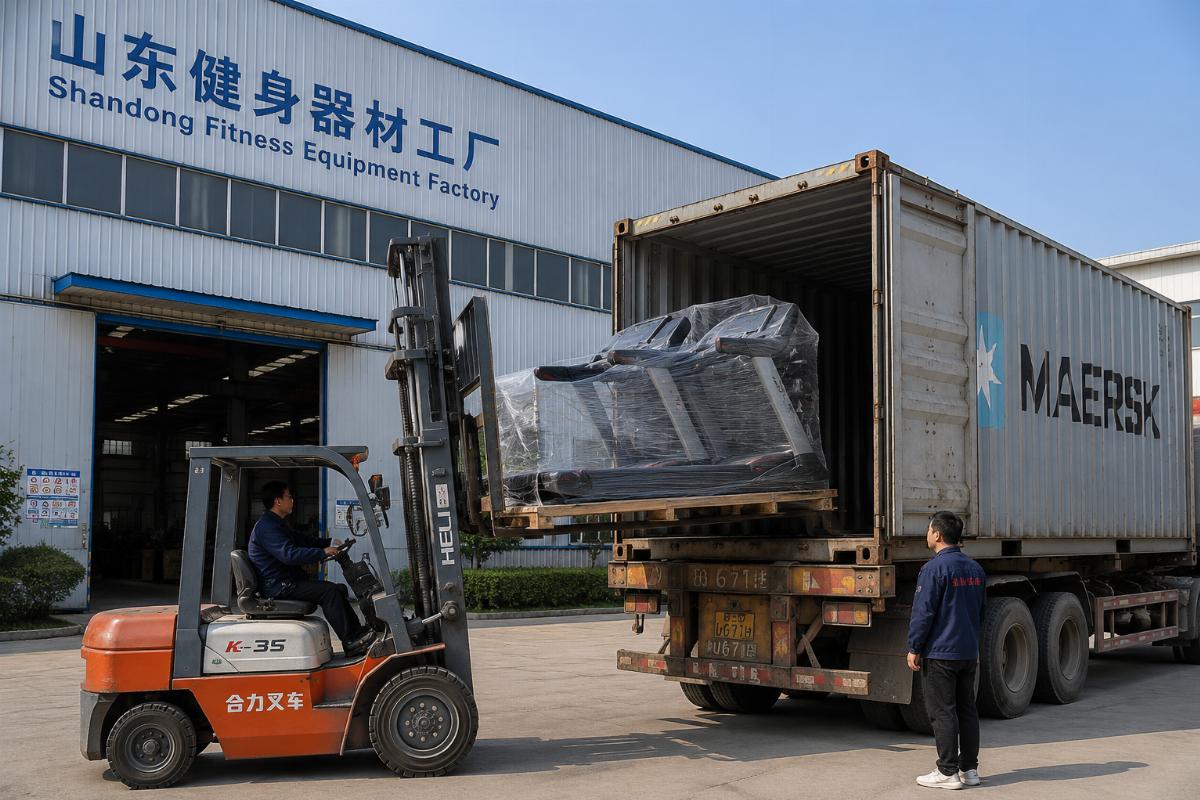 Container loading of commercial treadmills at Shandong factory