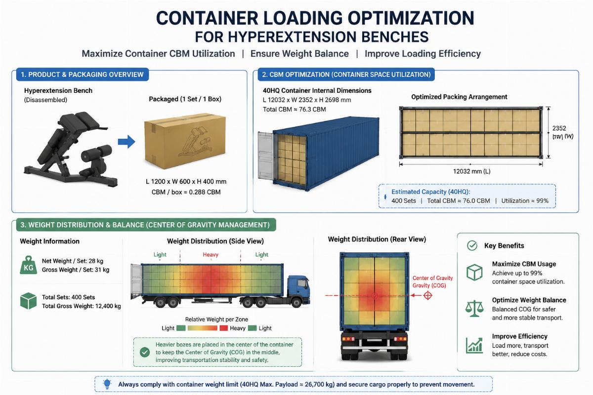 Container loading optimization diagram for hyperextension benches showing CBM and weight distribution