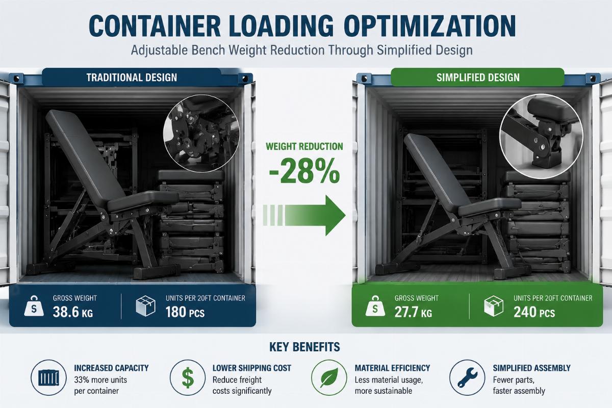 Container loading optimization showing adjustable bench weight reduction through simplified design