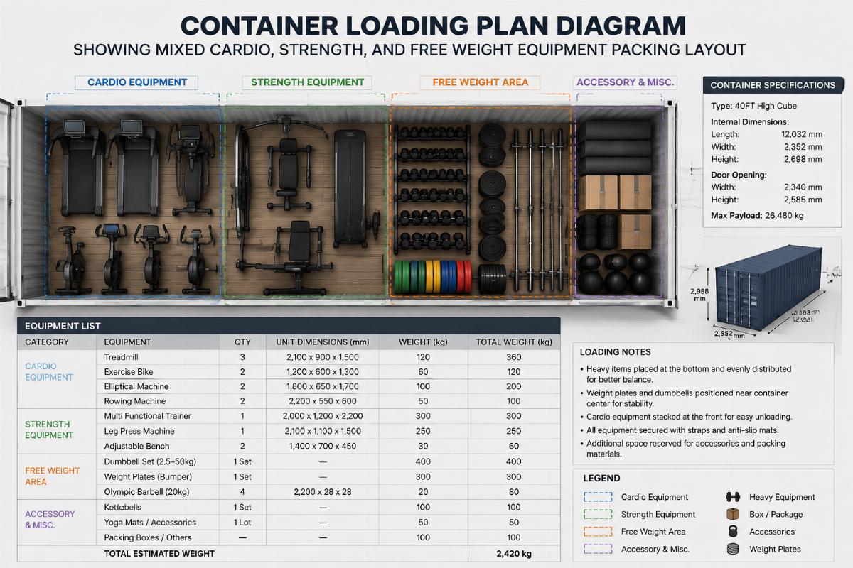 Container loading plan diagram showing mixed cardio, strength, and free weight equipment packing layout