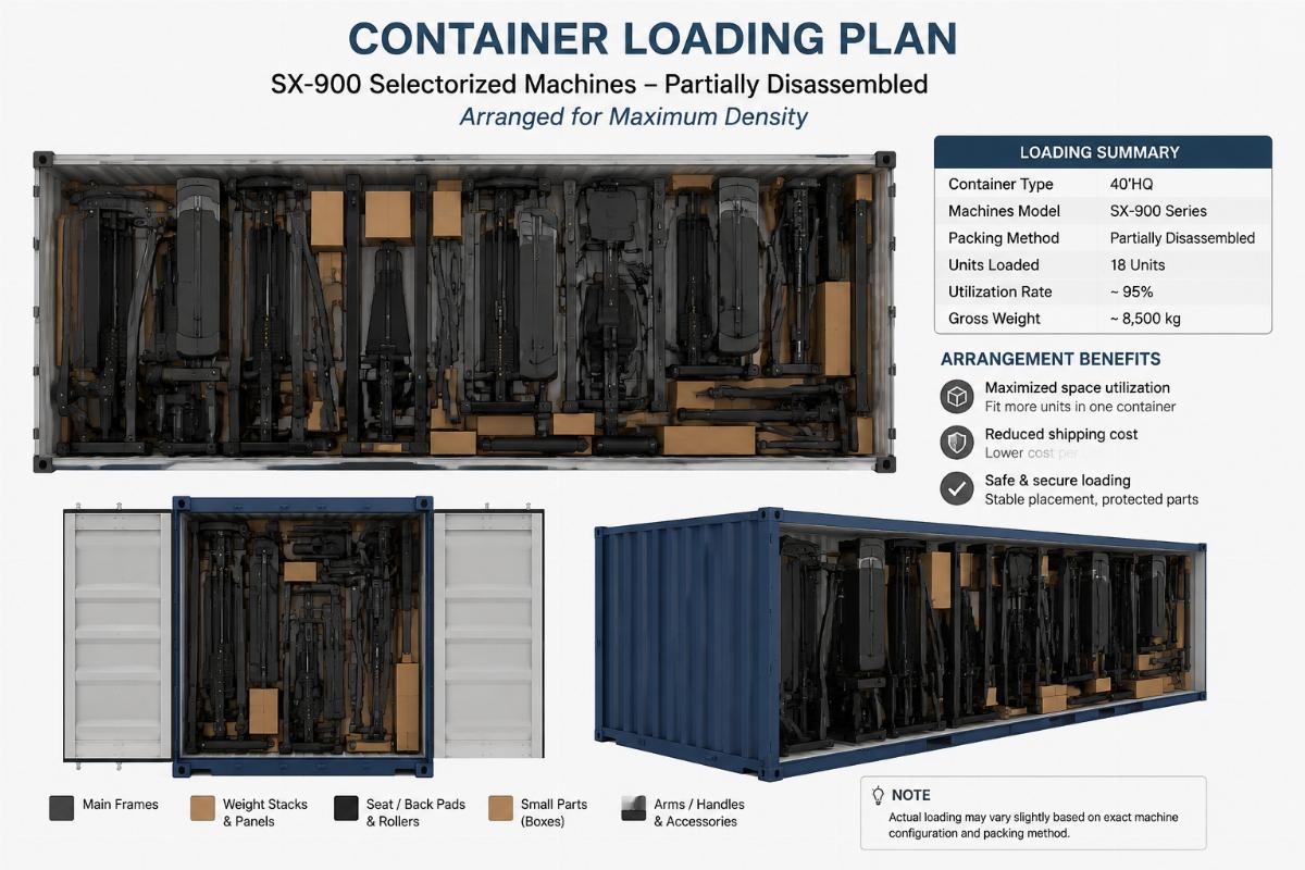 Container loading plan diagram showing partially disassembled SX-900 selectorized machines arranged for maximum density