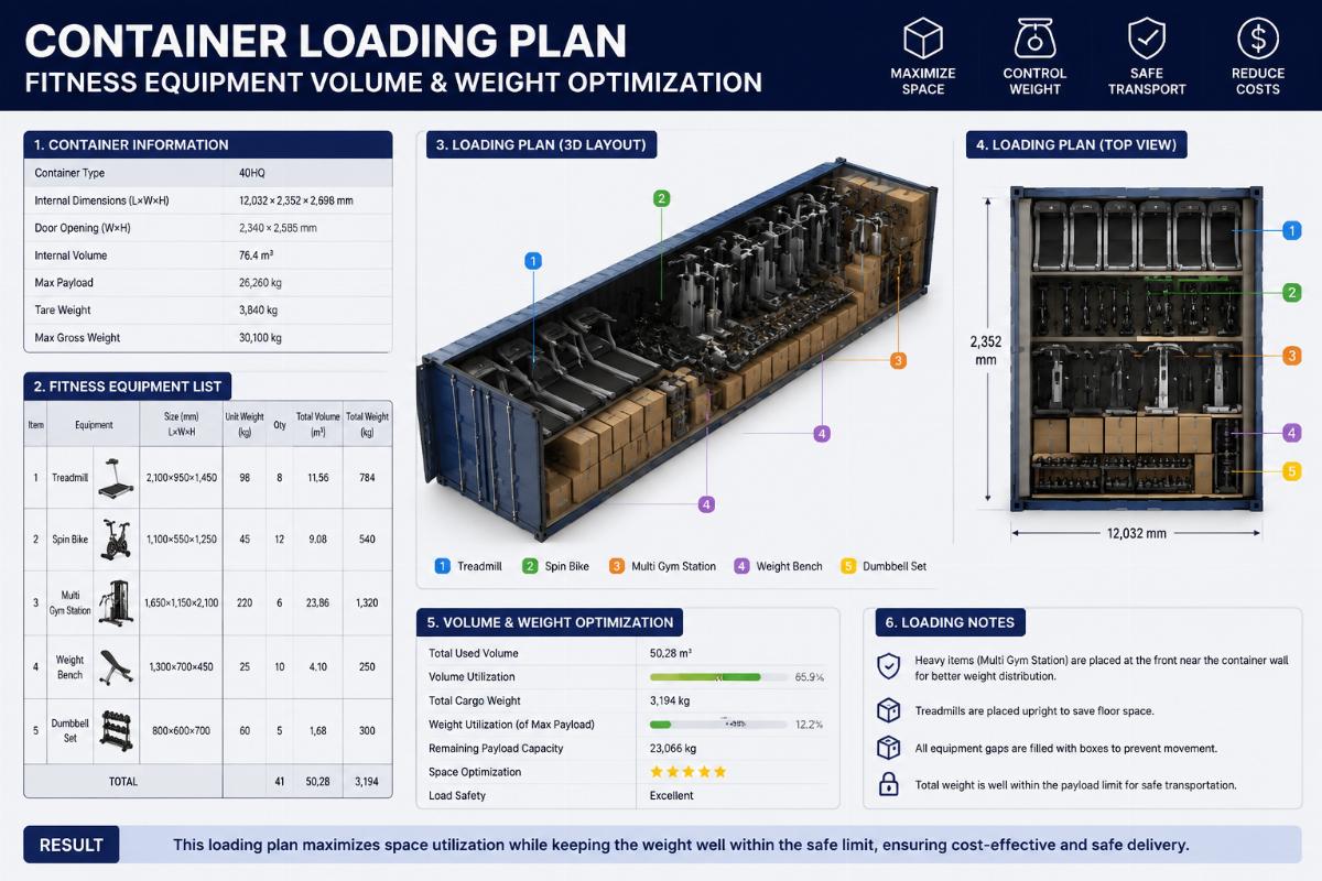 Container loading plan fitness equipment volume weight optimization