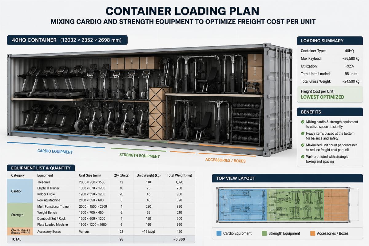 Container loading plan mixing cardio and strength equipment to optimize freight cost per unit