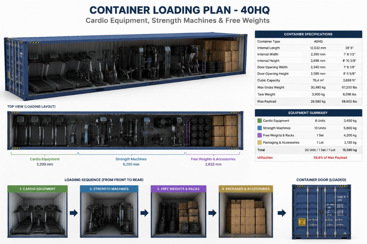 Container loading plan showing cardio equipment, strength machines and free weights packed into a 40HQ shipping container