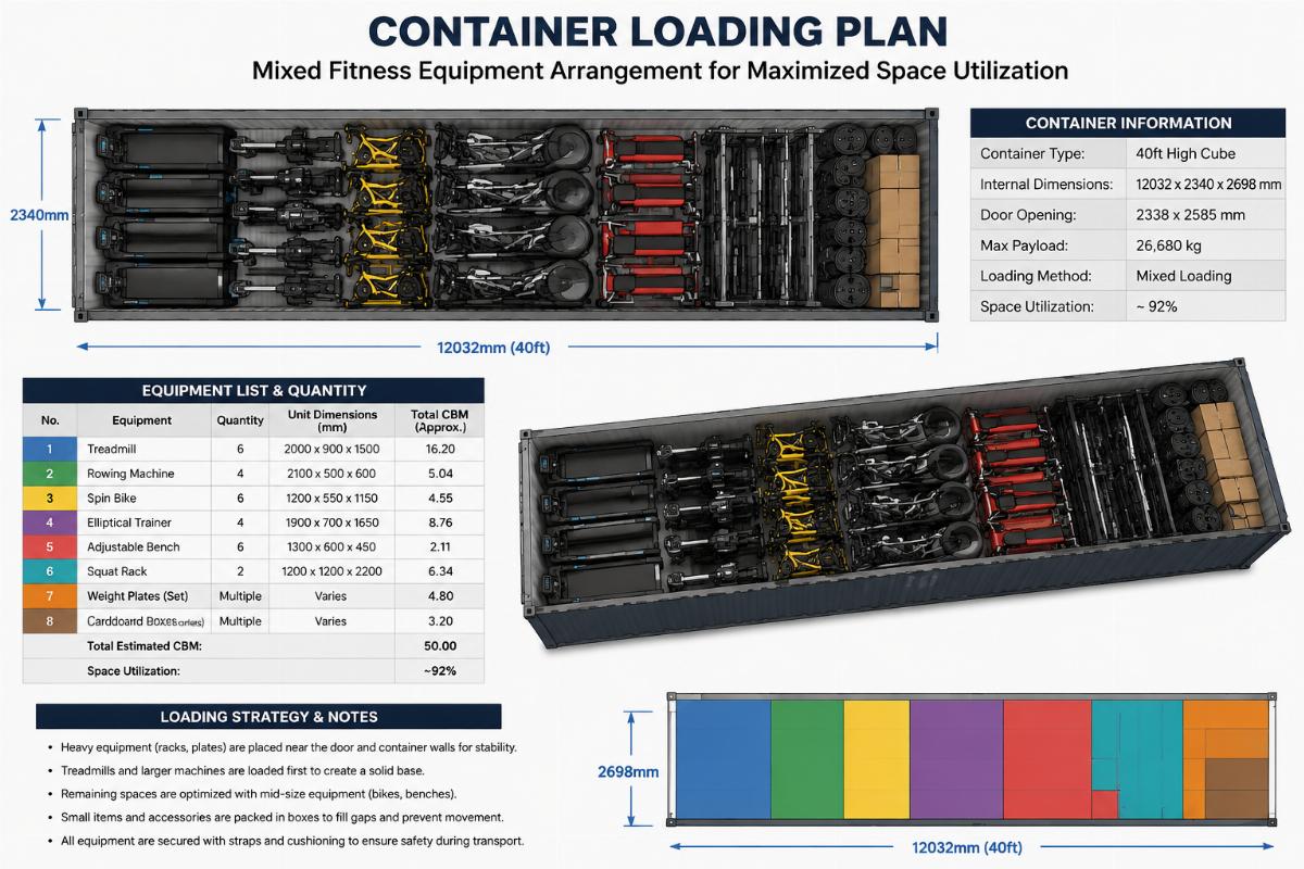 Container loading plan showing mixed fitness equipment arrangement for maximized space utilization
