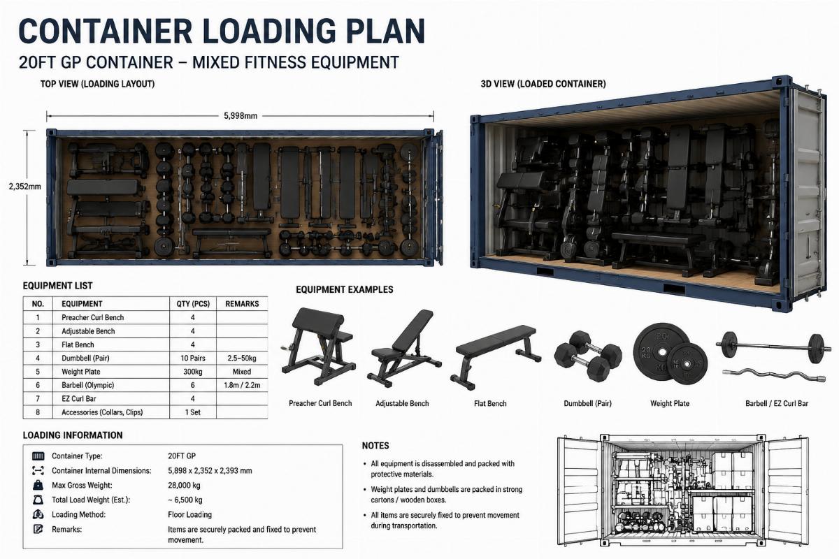 Container loading plan showing mixed fitness equipment including preacher curl benches, benches, and free weights