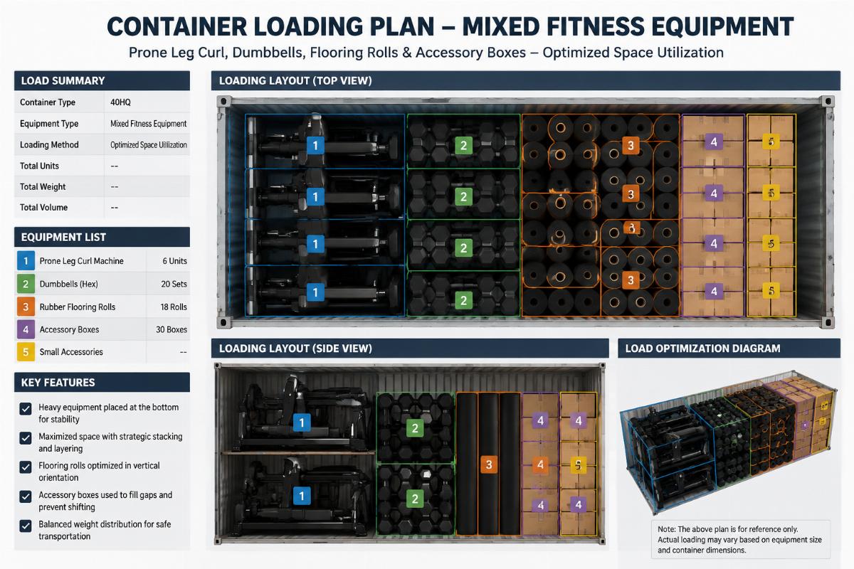 Container loading plan showing mixed fitness equipment including prone leg curl, dumbbells, flooring rolls, and accessory boxes optimized for space utilization