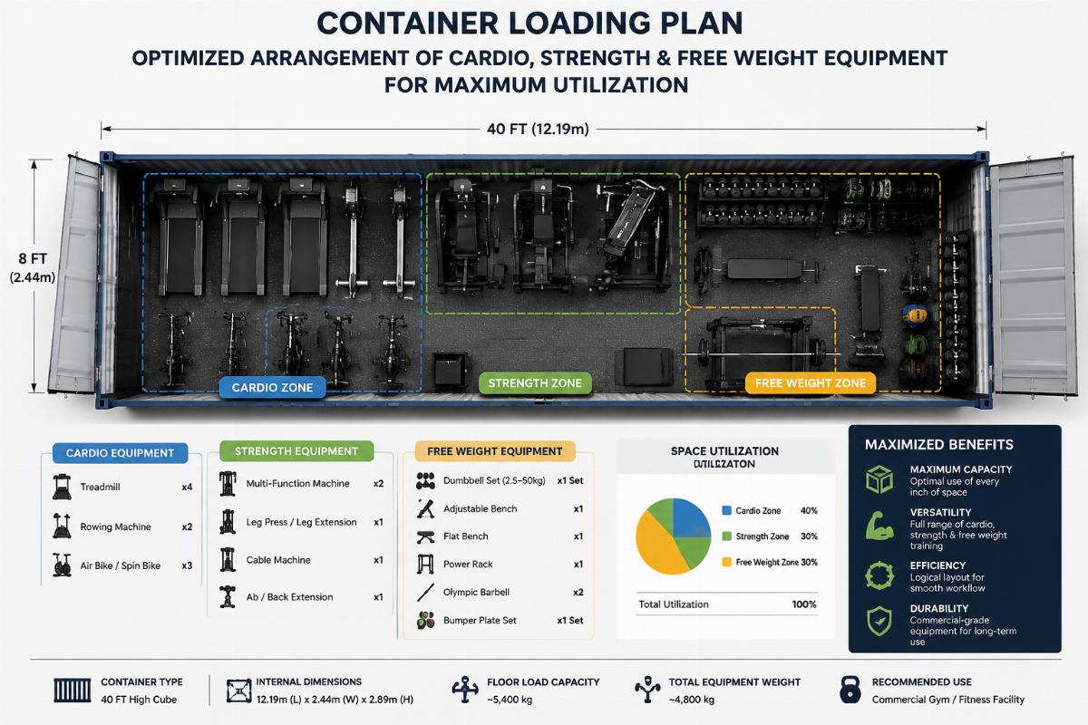 Container loading plan showing optimized arrangement of cardio strength and free weight equipment for maximum utilization