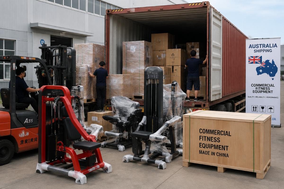 Container loading scene showing mixed commercial fitness equipment being packed for Australia shipment