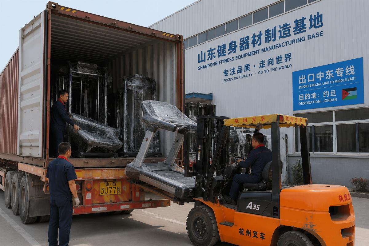 Container of commercial fitness equipment being loaded at a Shandong factory, including Smith machines and treadmills destined for Jordan