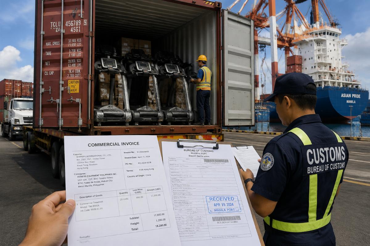 Container of commercial treadmills being unloaded at Manila port with customs documentation