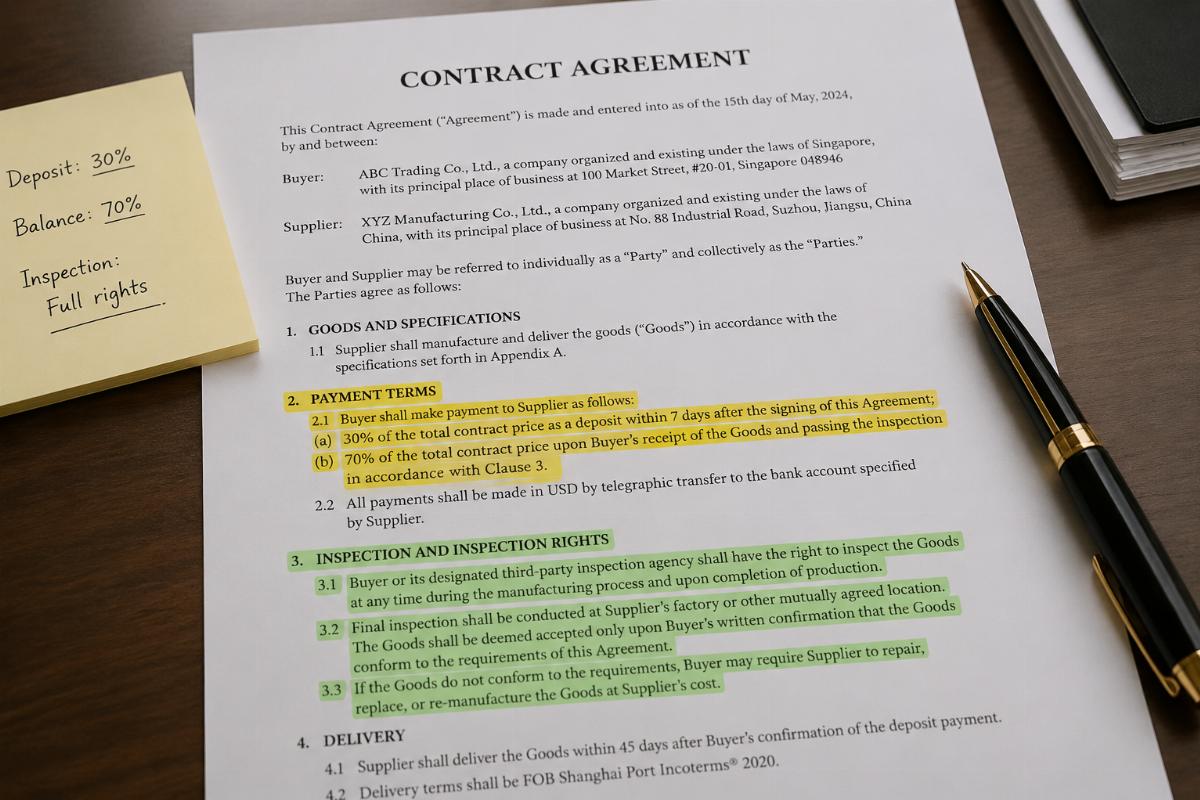 Contract document with highlighted clauses showing payment terms and inspection rights