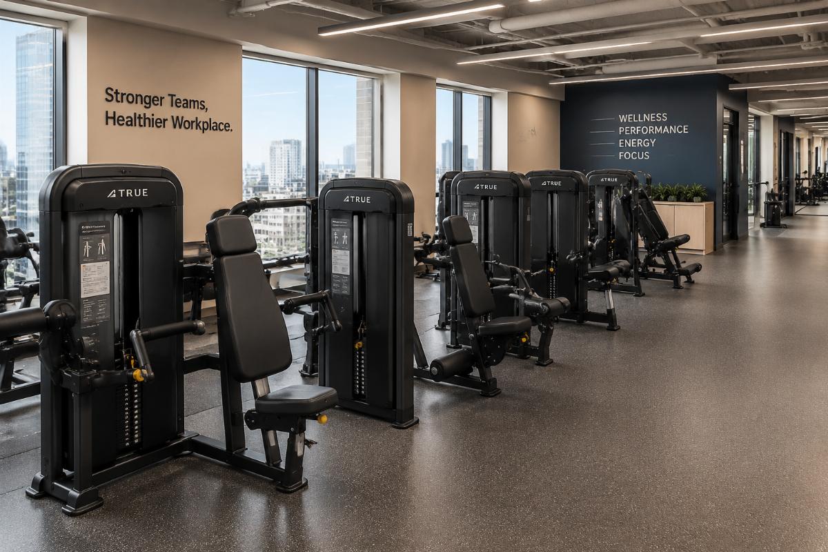 Corporate wellness gym floor with selectorized strength machines as Cybex Eagle alternatives
