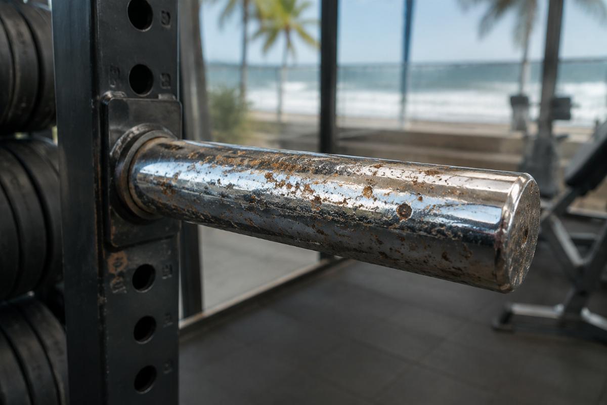 Corroded plate storage tree peg in a coastal gym environment showing surface pitting on chrome finish