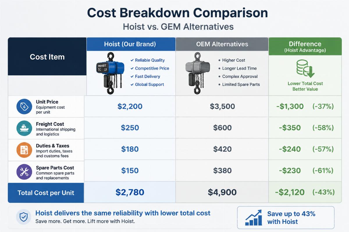 Cost breakdown comparison chart showing unit price, freight, duties, and spare parts for Hoist vs OEM alternatives