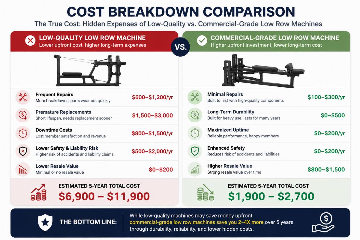 Cost breakdown comparison showing hidden expenses of low-quality versus commercial-grade low row machines