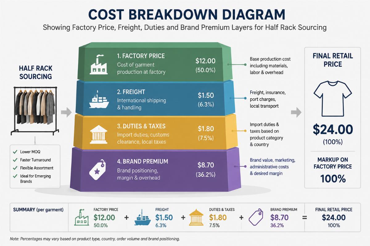 Cost breakdown diagram showing factory price freight duties and brand premium layers for half rack sourcing
