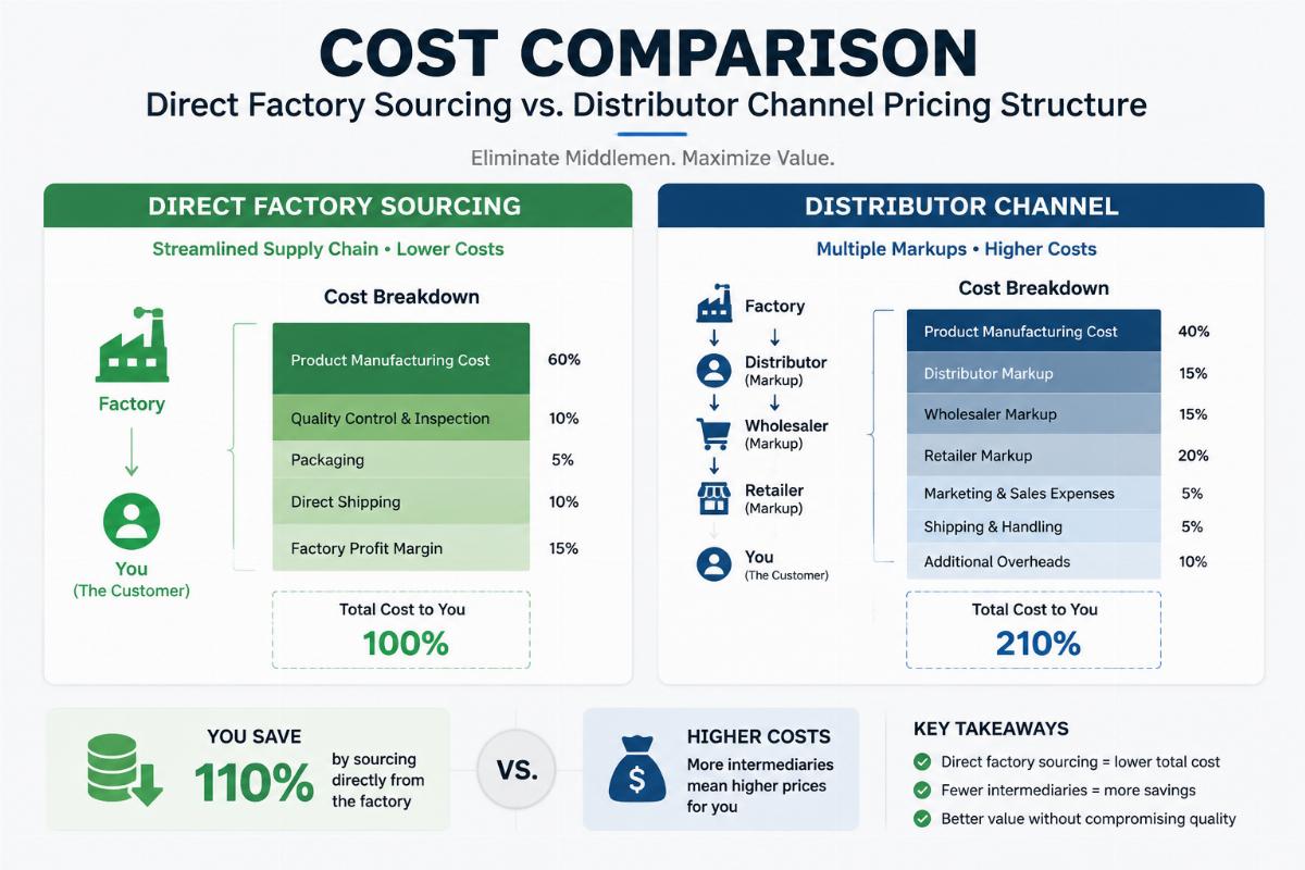 Cost comparison infographic showing direct factory sourcing versus distributor channel pricing structure
