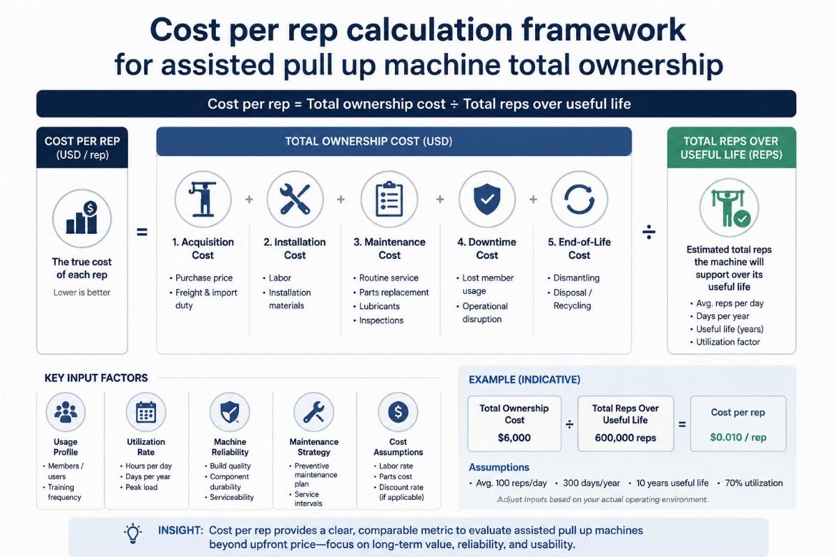 Cost per rep calculation framework for assisted pull up machine total ownership