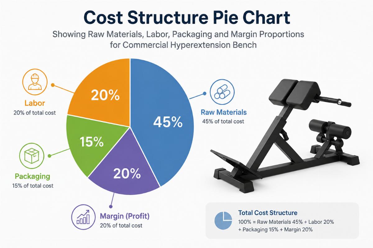 Cost structure pie chart showing raw materials labor packaging and margin proportions for commercial hyperextension bench
