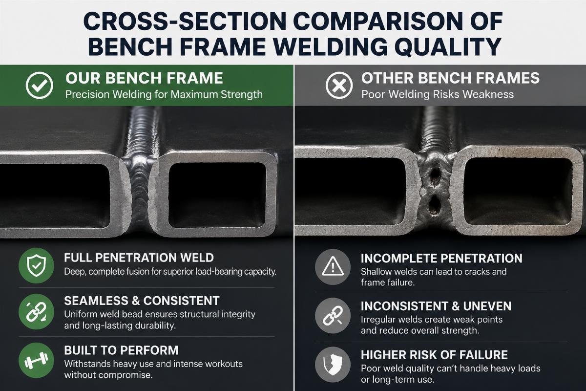 Cross-section comparison of bench frame welding quality