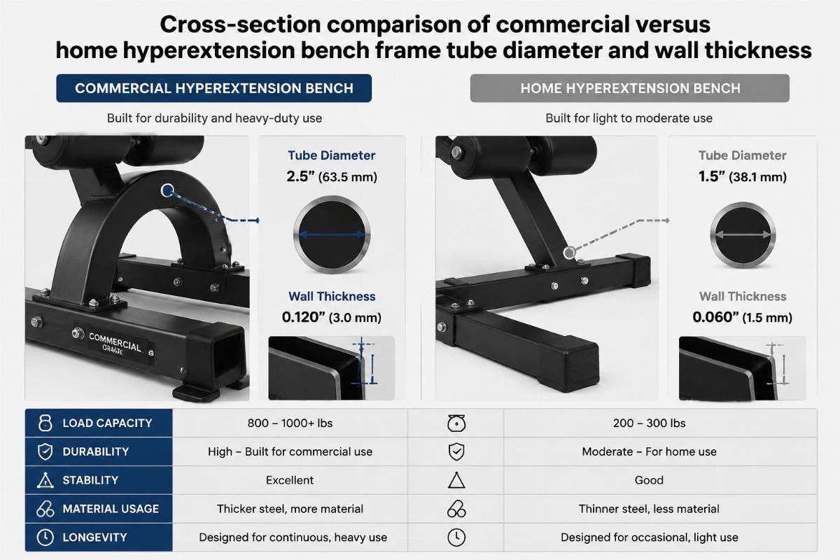 Cross-section comparison of commercial versus home hyperextension bench frame tube diameter and wall thickness