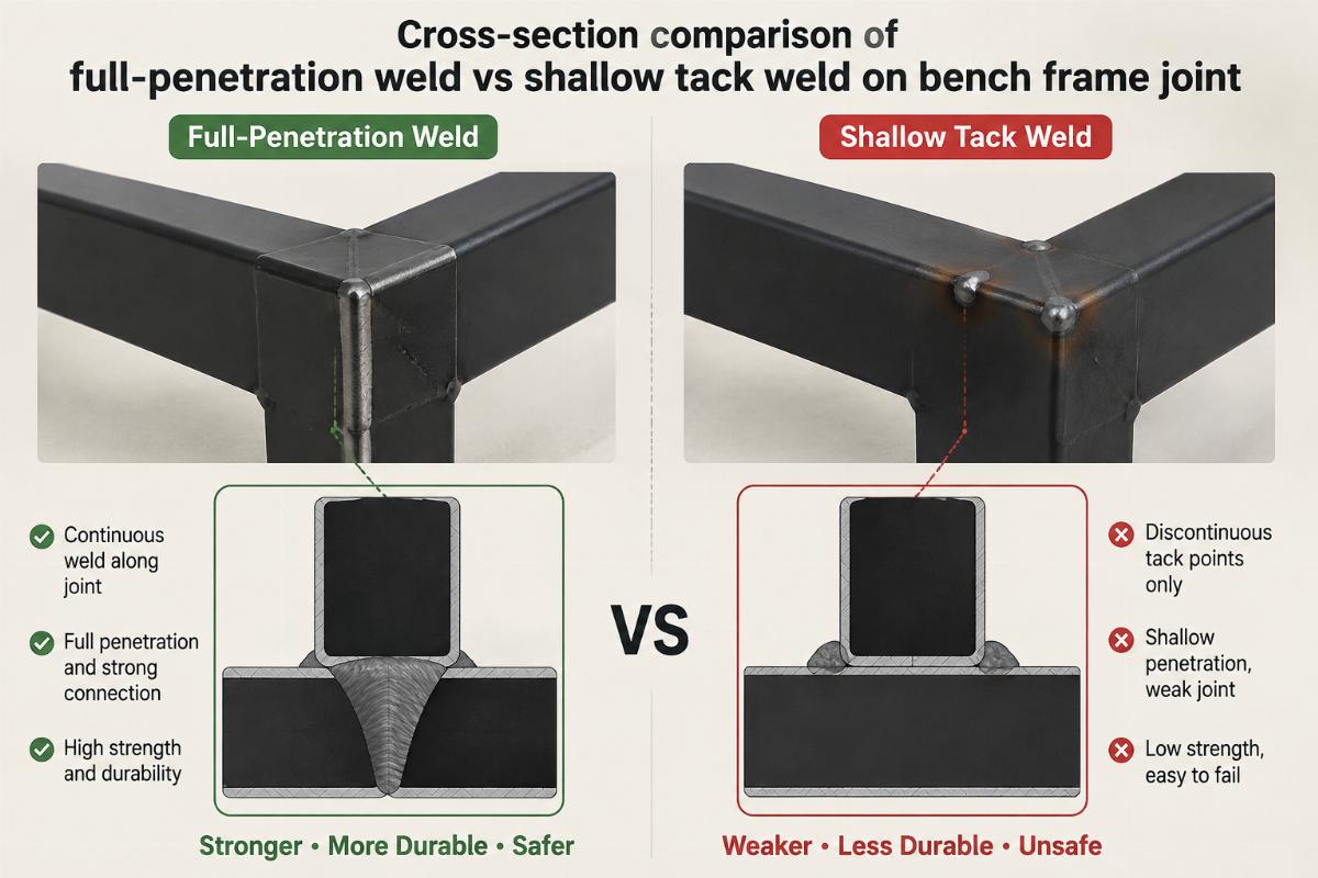 Cross-section comparison of full-penetration weld versus shallow tack weld on bench frame joint