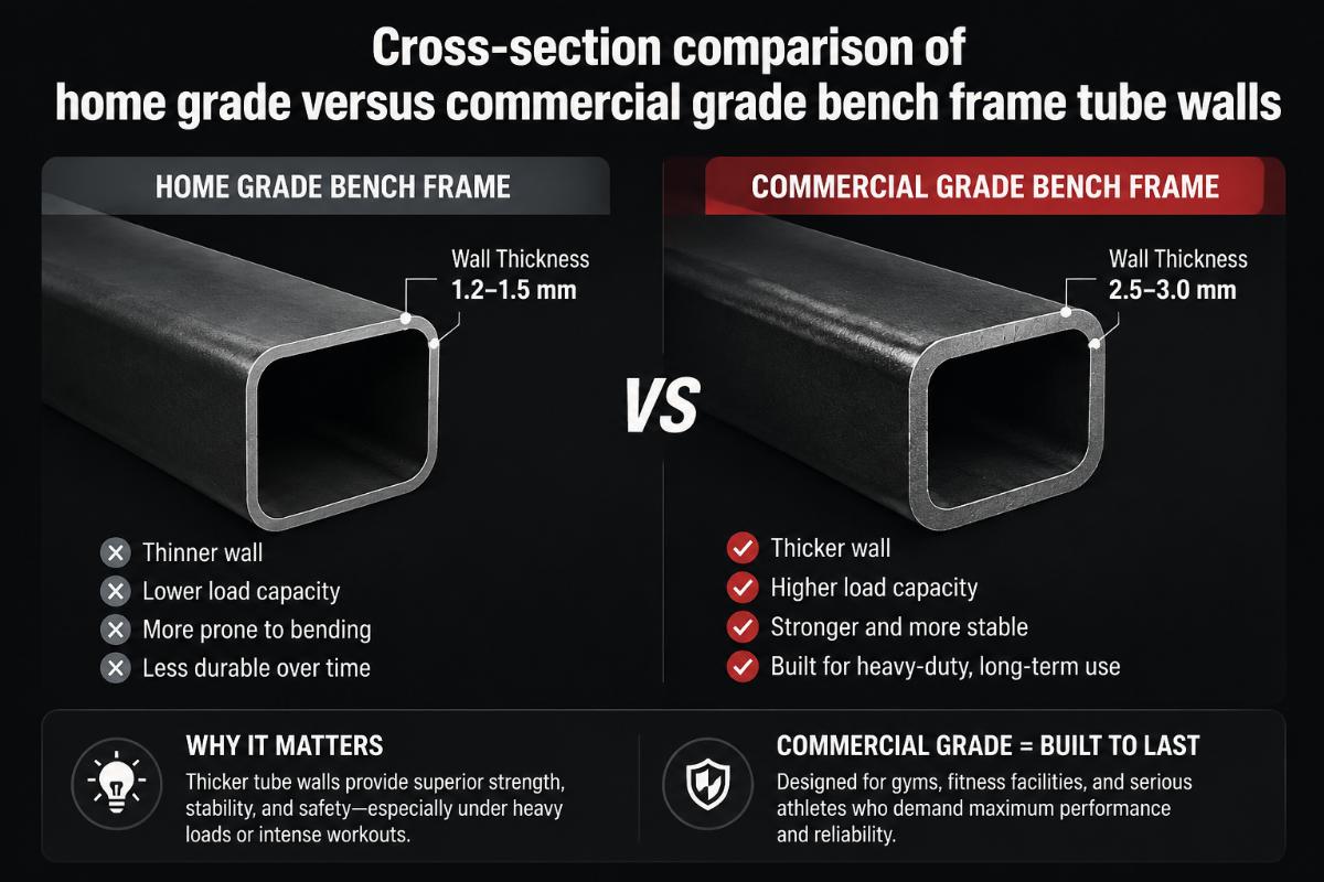Cross-section comparison of home grade versus commercial grade bench frame tube walls