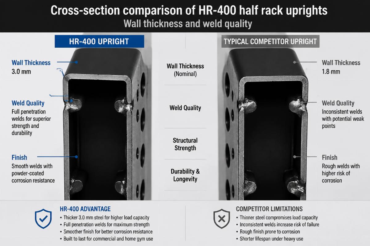 Cross-section comparison of HR-400 half rack uprights showing wall thickness and weld quality
