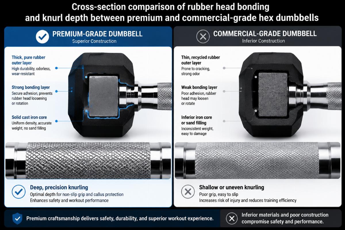 Cross-section comparison of rubber head bonding and knurl depth between premium and commercial-grade hex dumbbells