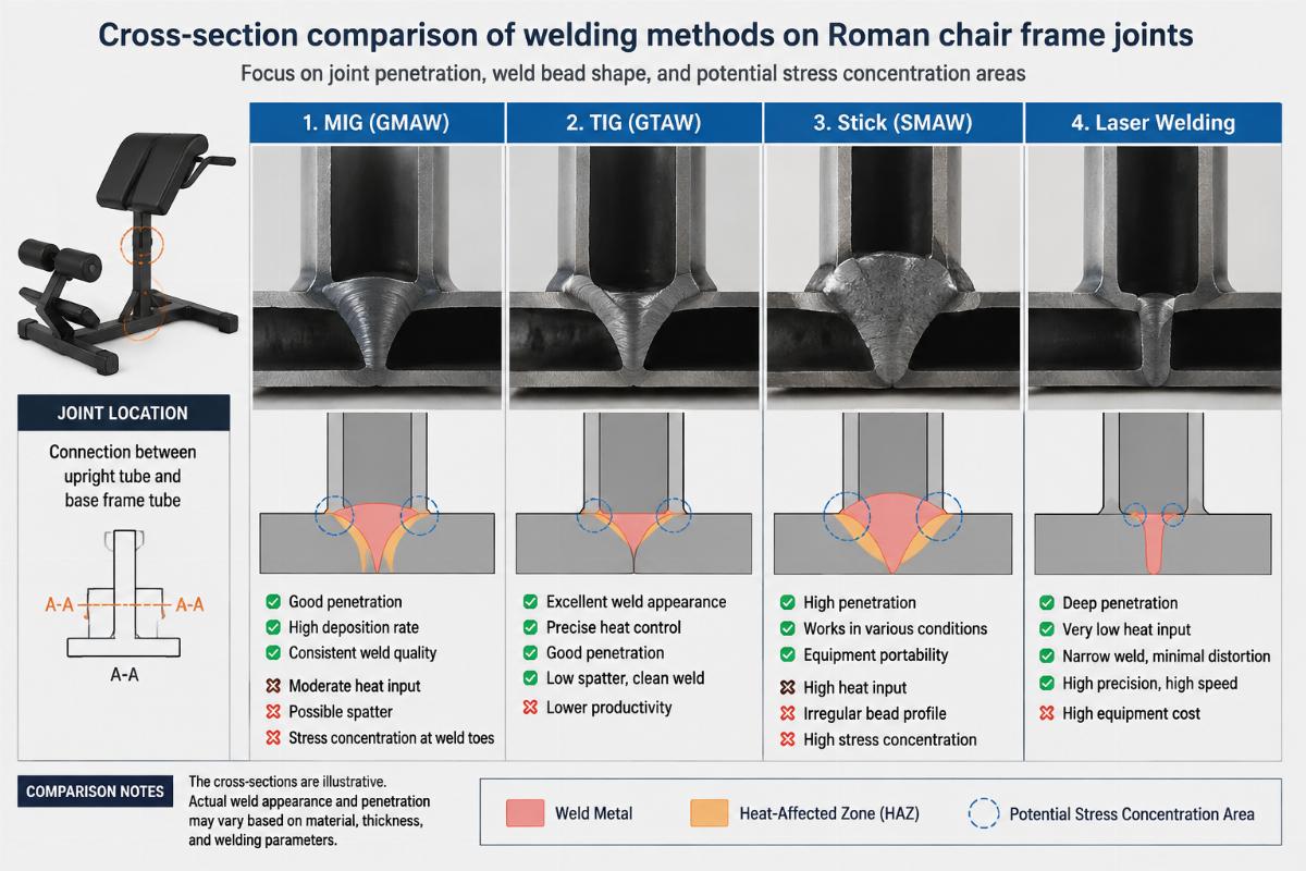 Cross-section comparison of welding methods on Roman chair frame joints